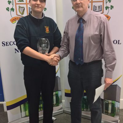 Evan Mather receives his SciFest prize from IT Tallaght Professor Brian Murray