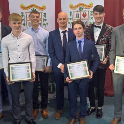Full Attendance Award winners Conor Fitzharris, Cian Buckley, Billy Campbell, Adam Flood, Cian Dowling & Andrew Ryan with Mr Cunnane